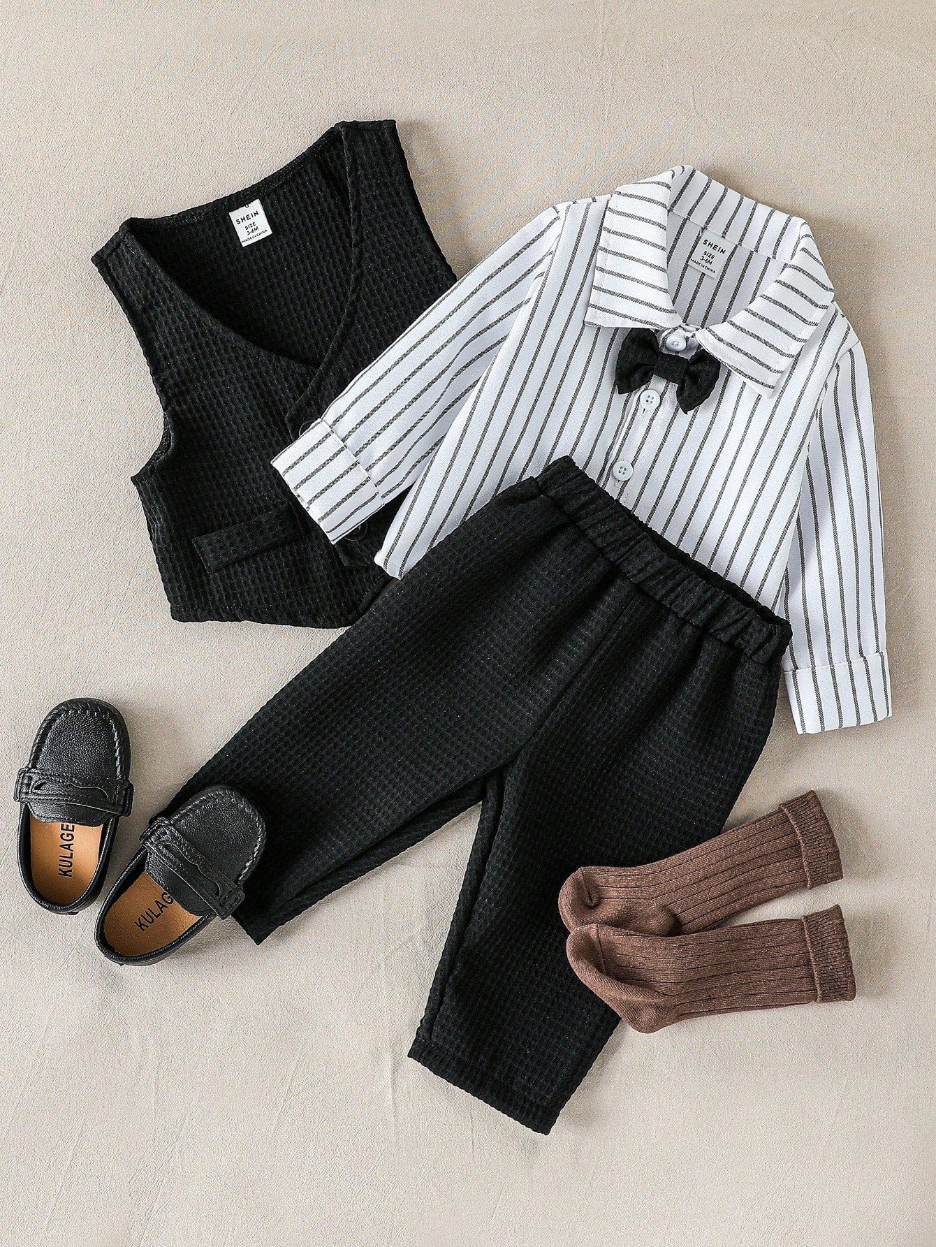 3pcs Baby Boy Striped Long Sleeve Shirt, Waffle Pants And Vest Set