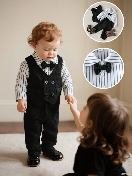 3pcs Baby Boy Striped Long Sleeve Shirt, Waffle Pants And Vest Set Multicolor