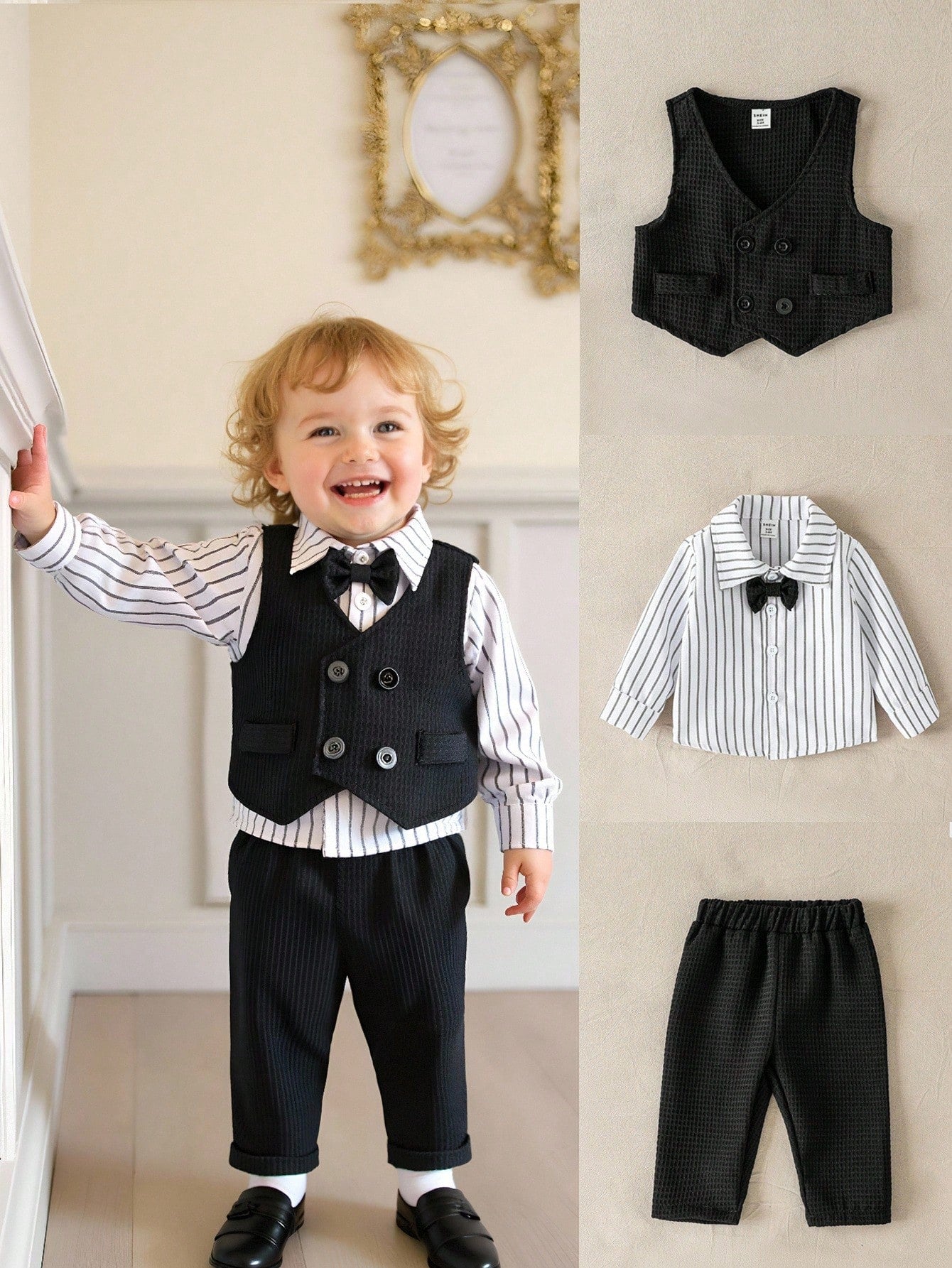 3pcs Baby Boy Striped Long Sleeve Shirt, Waffle Pants And Vest Set