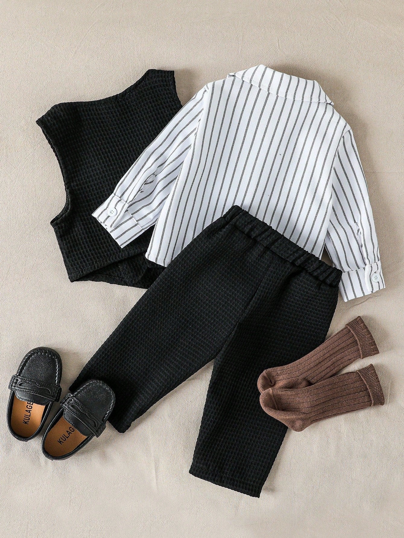 3pcs Baby Boy Striped Long Sleeve Shirt, Waffle Pants And Vest Set