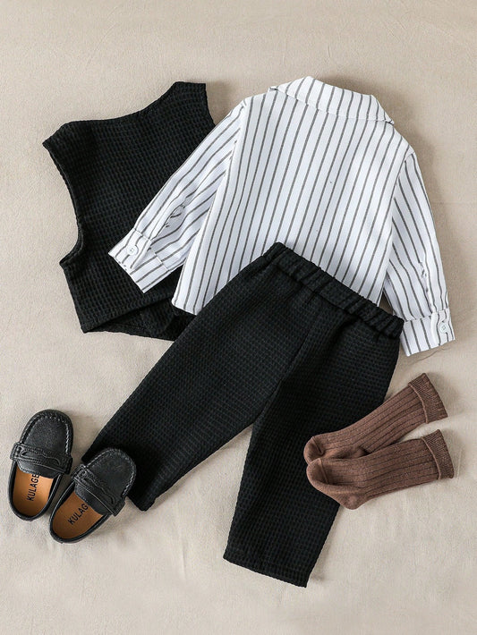 3pcs Baby Boy Striped Long Sleeve Shirt, Waffle Pants And Vest Set