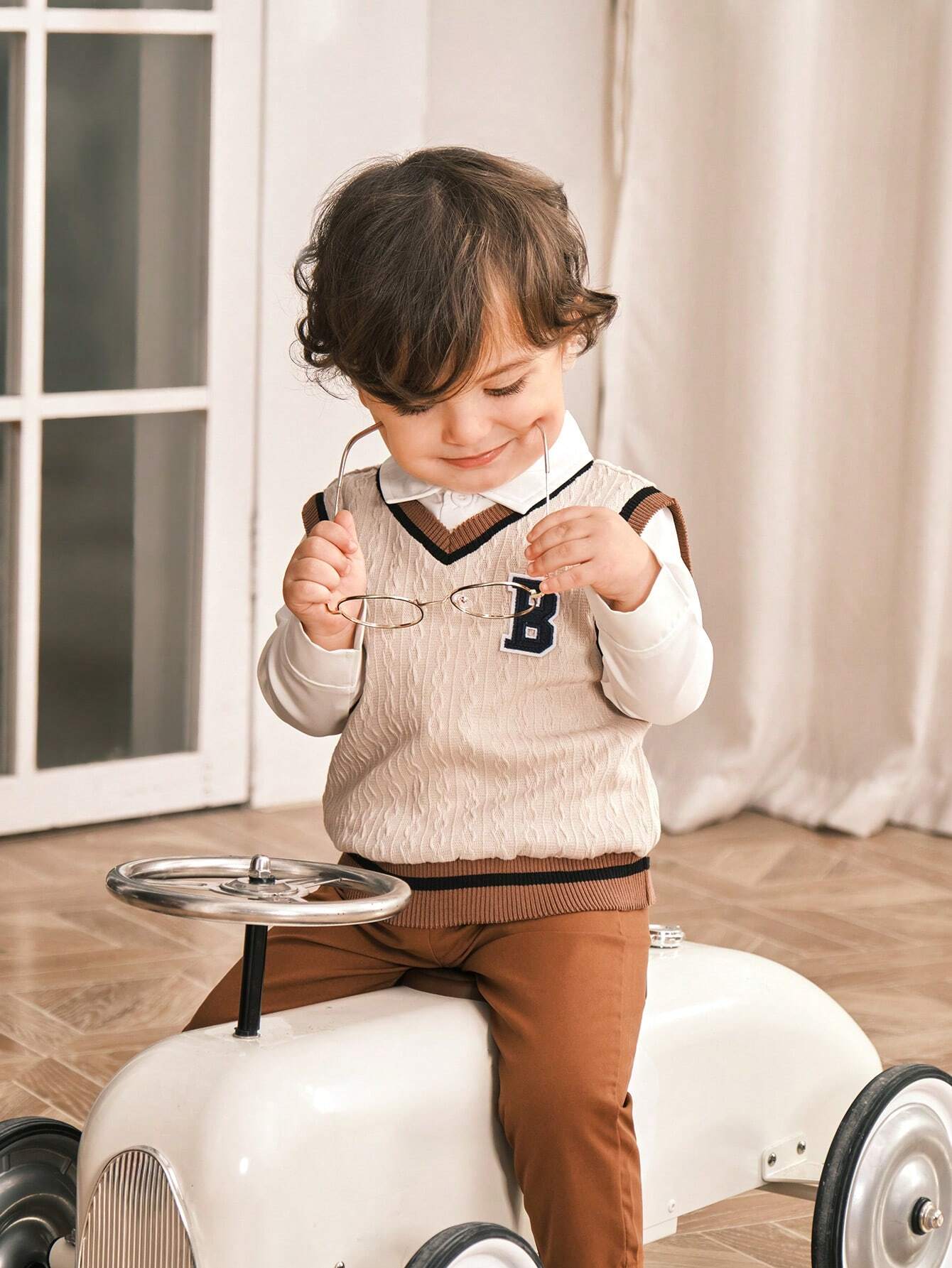 Baby Boy Preppy Style Embroidered Sweater Vest With Long Sleeve Shirt And Brown Suit Pants Khaki