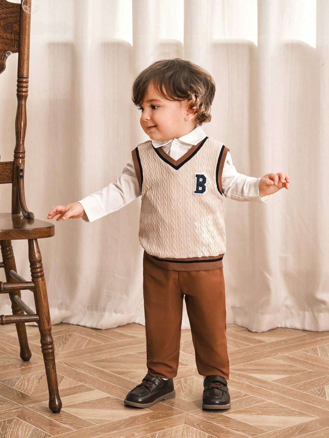 Baby Boy Preppy Style Embroidered Sweater Vest With Long Sleeve Shirt And Brown Suit Pants