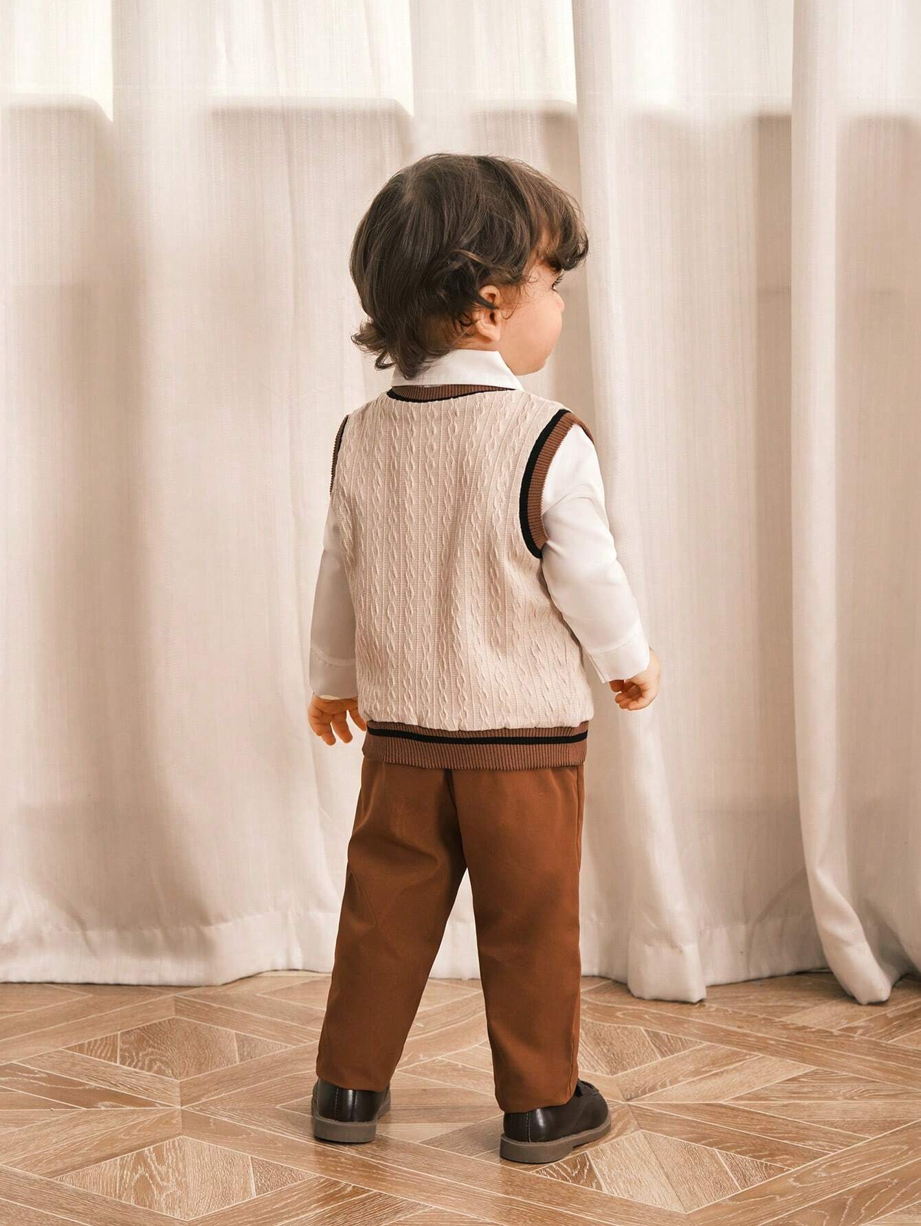Baby Boy Preppy Style Embroidered Sweater Vest With Long Sleeve Shirt And Brown Suit Pants