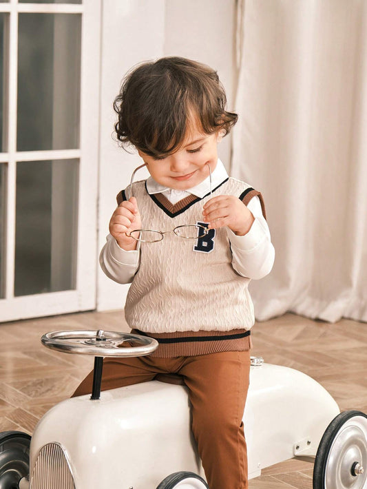 Baby Boy Preppy Style Embroidered Sweater Vest With Long Sleeve Shirt And Brown Suit Pants Khaki