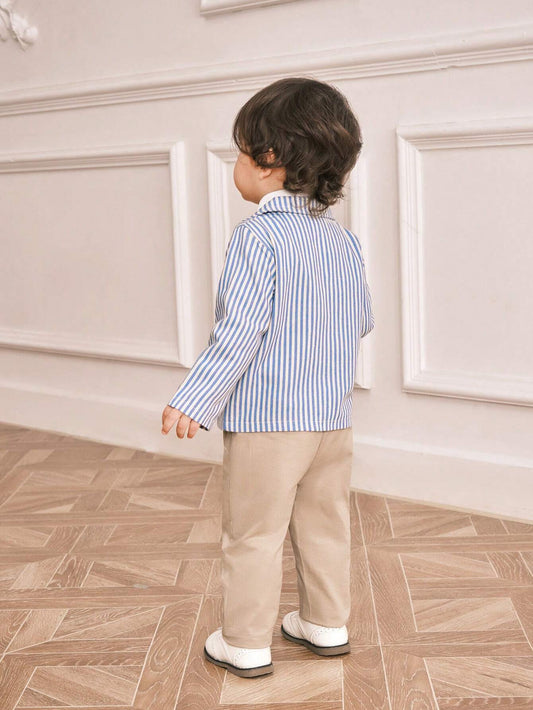 3pcs/Set Baby Boys Blue Striped Suit Jacket,Shirt,Khaki Pants Fall Outfit