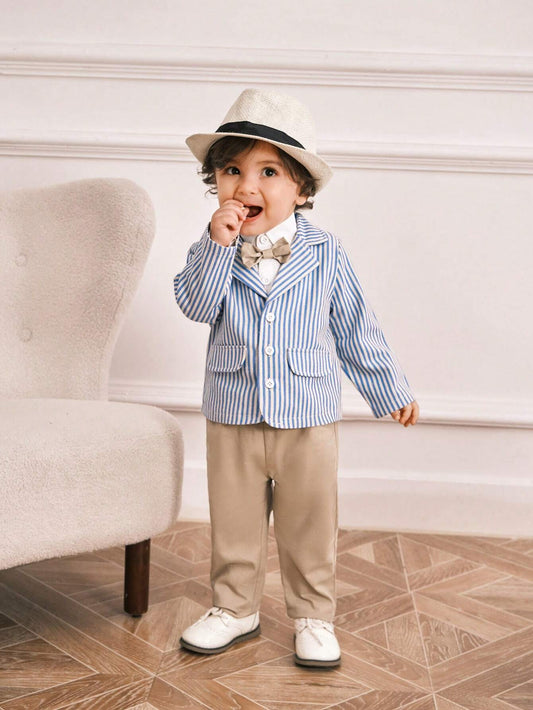 3pcs/Set Baby Boys Blue Striped Suit Jacket,Shirt,Khaki Pants Fall Outfit