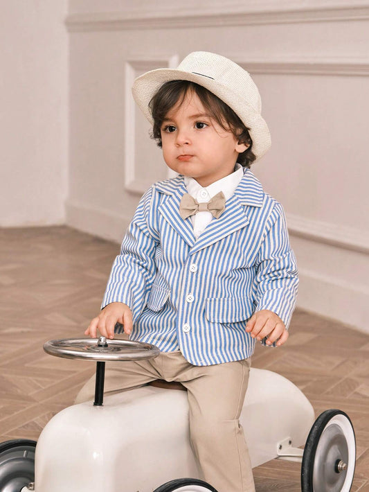 Baby Boys Striped Suit Jacket, Long Sleeve Shirt And Khaki Pants Multicolor