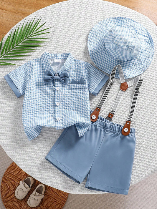 Blue Short Sleeve Shirt,Shorts,Bow,Hat Set