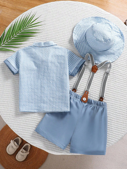 Blue Short Sleeve Shirt,Shorts,Bow,Hat Set