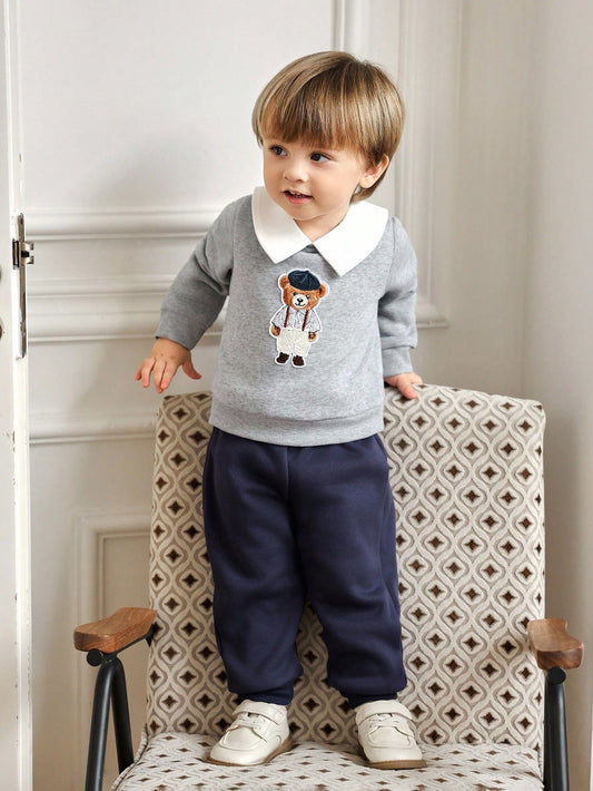 Bear Embroidery Peter‑Pan Collar Sweatshirt & Jogger Pants Casual Outfit