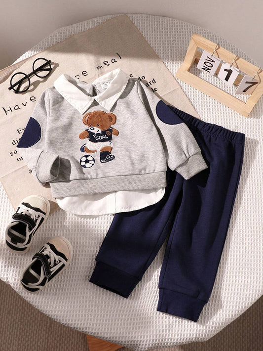 Baby Boy 2pcs Cute Bear & Football Embroidered Shirt Collar 2 In 1 Sweatshirt And Sweatpants Blue