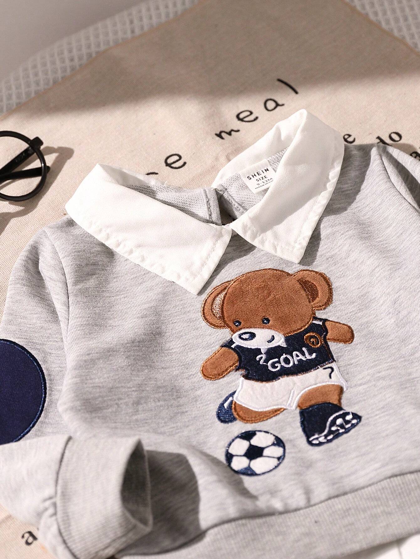 Baby Boy 2pcs Cute Bear & Football Embroidered Shirt Collar 2 In 1 Sweatshirt And Sweatpants