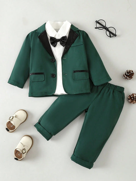 Baby Boy Contrast Collar Bow Front Blazer & Pants & Shirt-S 2-3Y