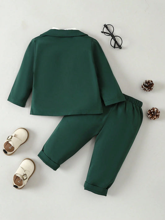 Baby Boy Contrast Collar Bow Front Blazer & Pants & Shirt-S
