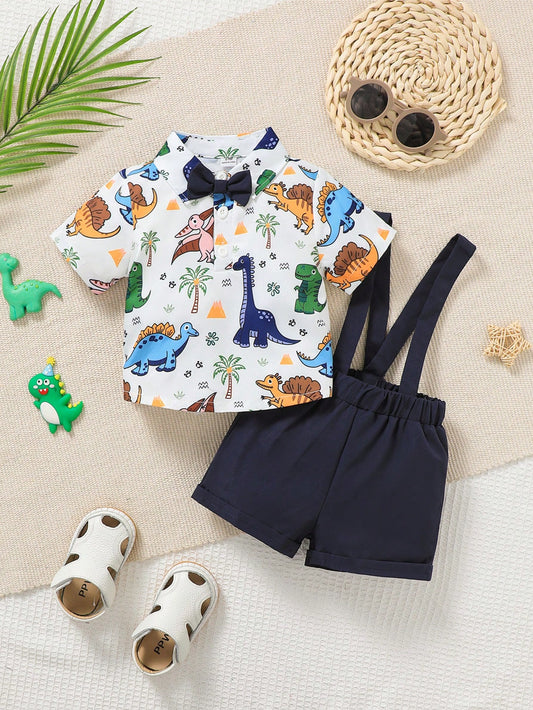 Baby Boy Dinosaur Print Bow Front Shirt & Pinafore Shorts