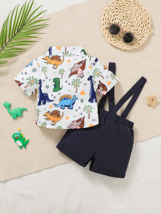 Baby Boy Dinosaur Print Bow Front Shirt & Pinafore Shorts