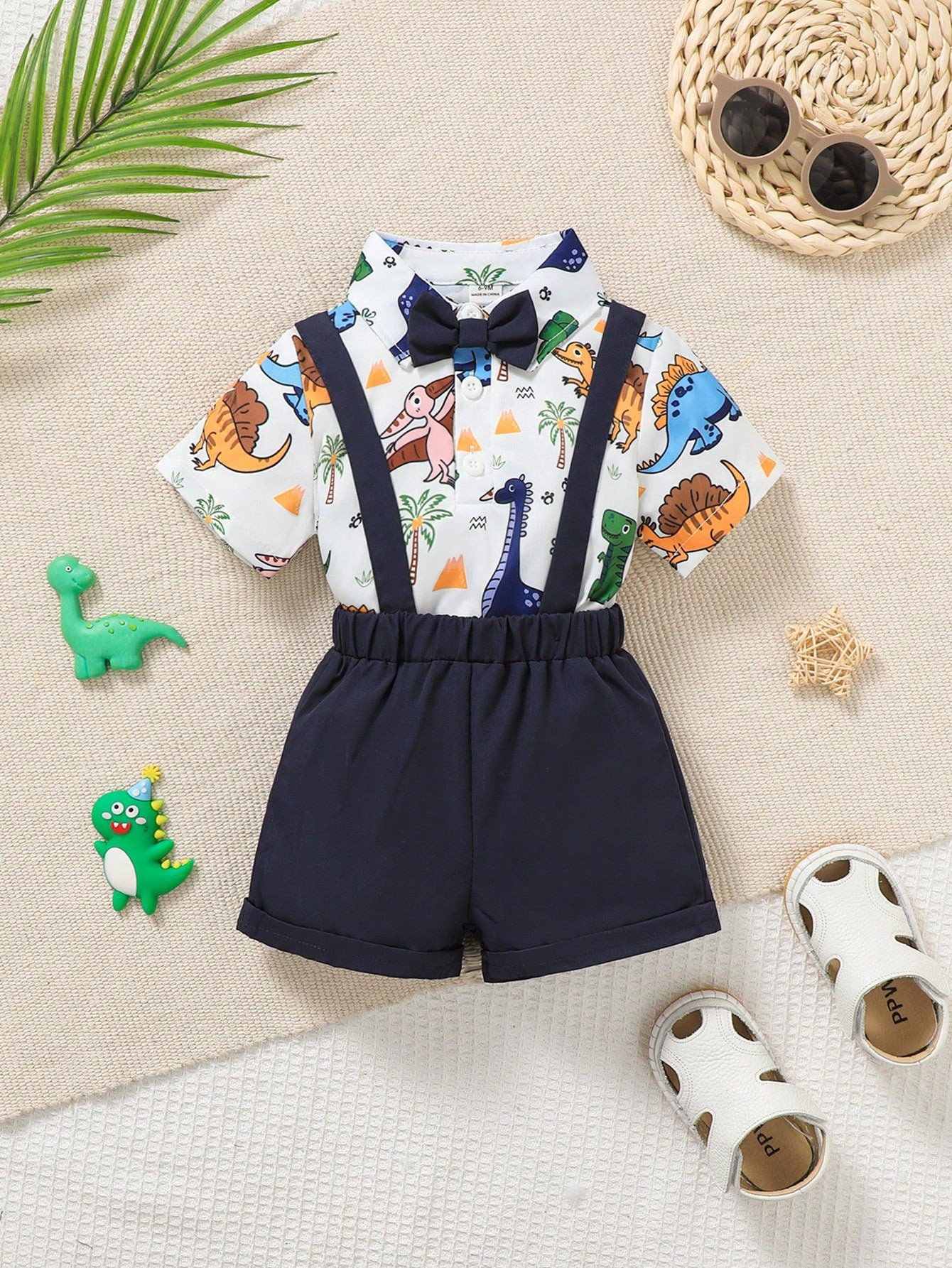 Baby Boy Dinosaur Print Bow Front Shirt & Pinafore Shorts