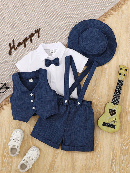 Mummy & Mee, Baby Boy Elegant Vintage Style Shirt With Bowtie + Jacquard Blue Suspender Shorts 9-12M