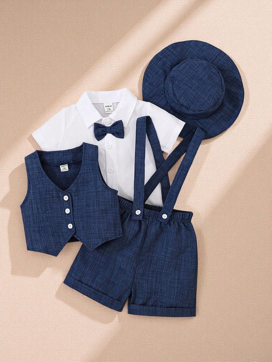 Baby Boy Elegant Vintage Style Shirt With Bowtie + Jacquard Blue Suspender Shorts