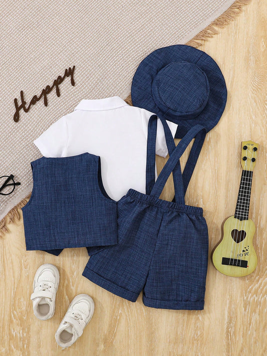 Vintage Style Shirt With Bowtie + Jacquard Blue Suspender Shorts