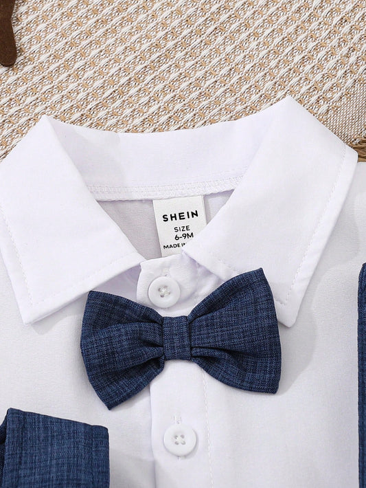 Baby Boy Elegant Vintage Style Shirt With Bowtie + Jacquard Blue Suspender Shorts