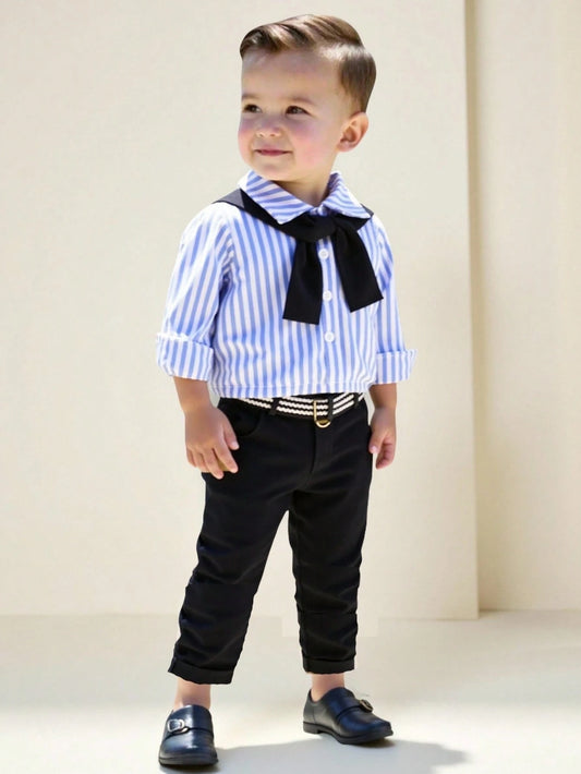 Mummy & Mee Baby Boy Set, Yin Wide Stripe Stylish Shirt + Black Suit Pants 9-12M