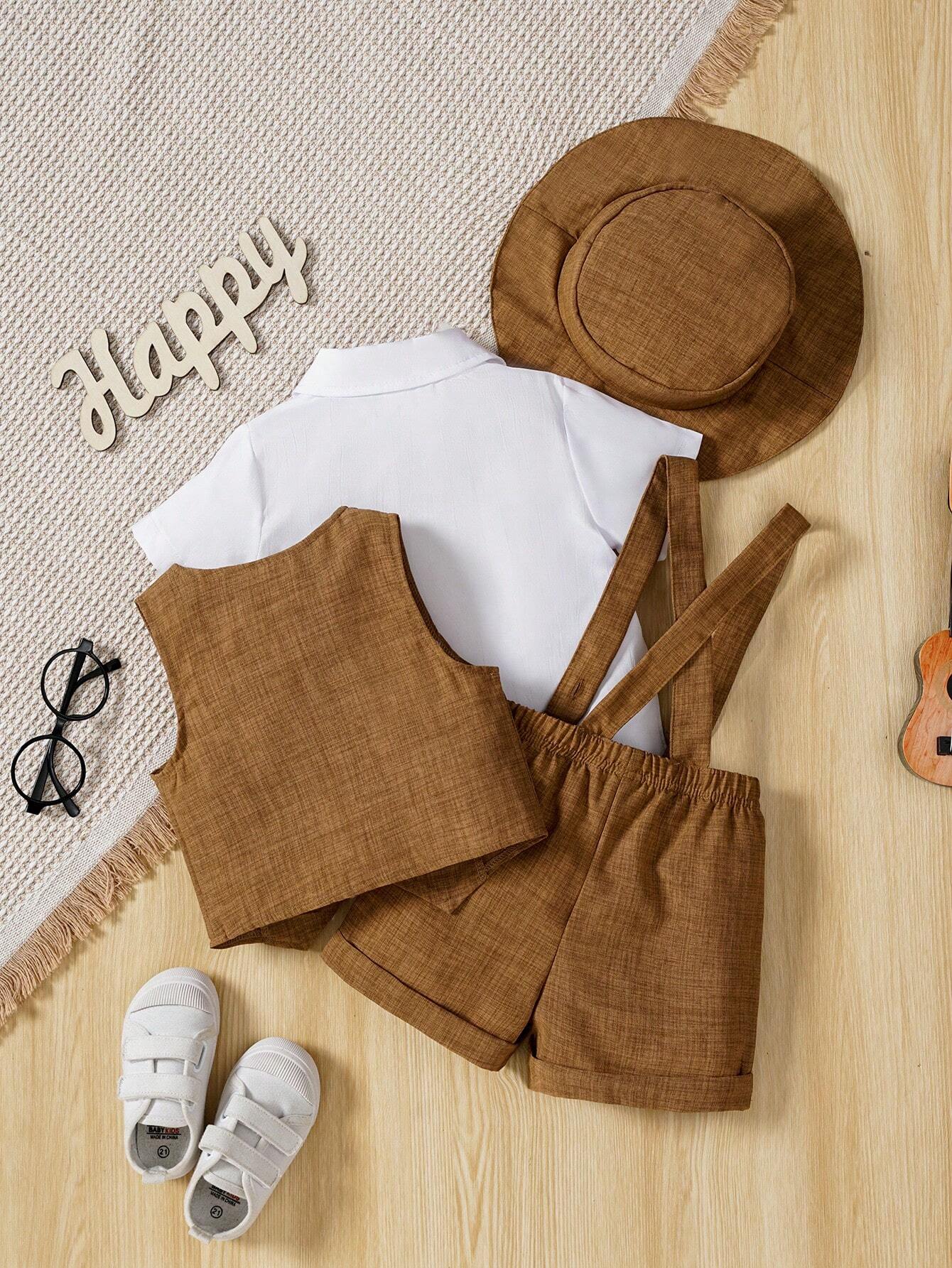 Vintage Style Shirt With Bowtie + Jacquard Blue Suspender Shorts