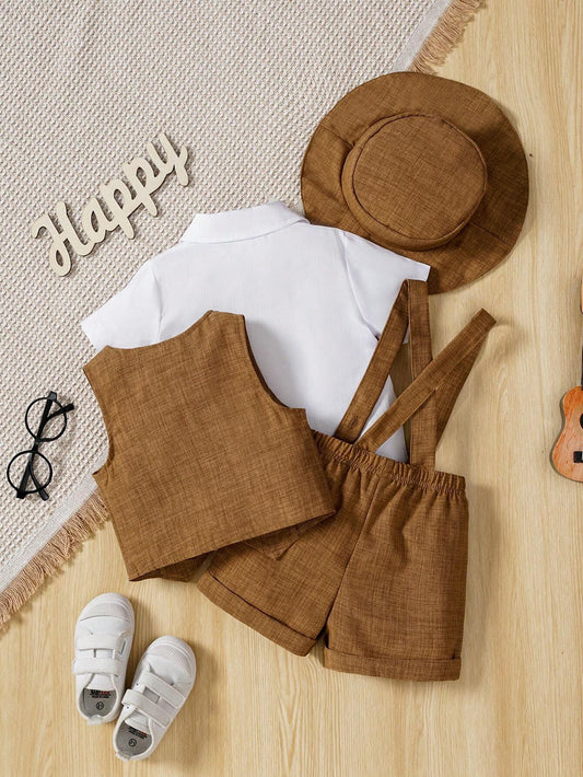 Vintage Style Shirt With Bowtie + Jacquard Blue Suspender Shorts