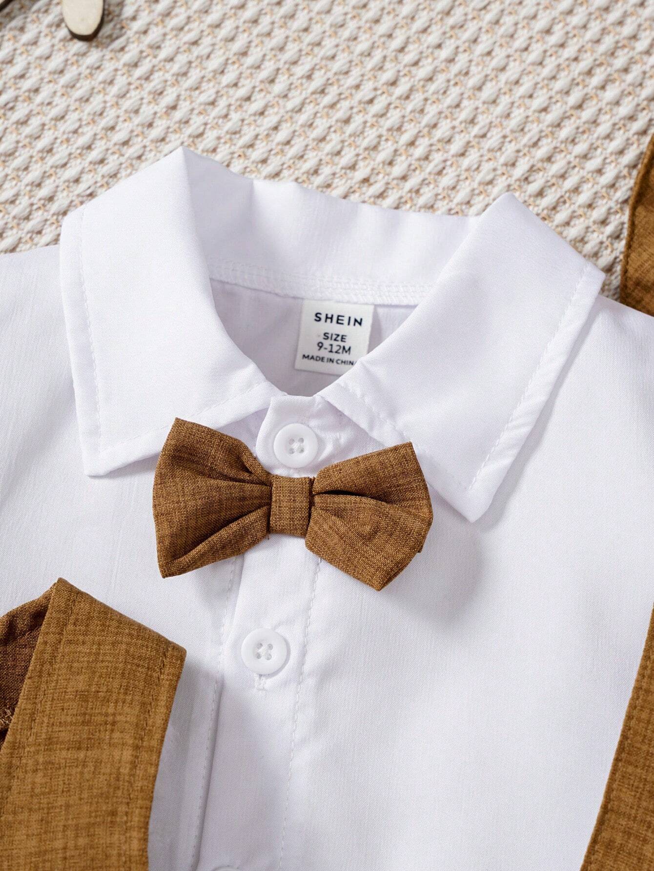 Vintage Style Shirt With Bowtie + Jacquard Blue Suspender Shorts