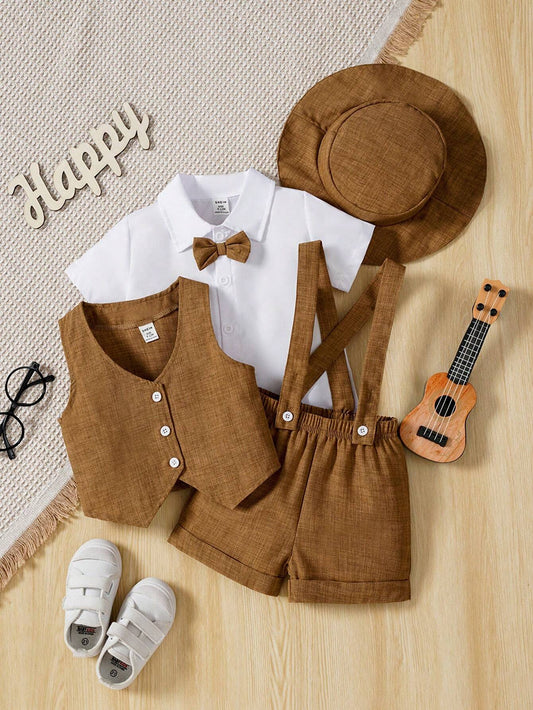 Vintage Style Shirt With Bowtie + Jacquard Blue Suspender Shorts