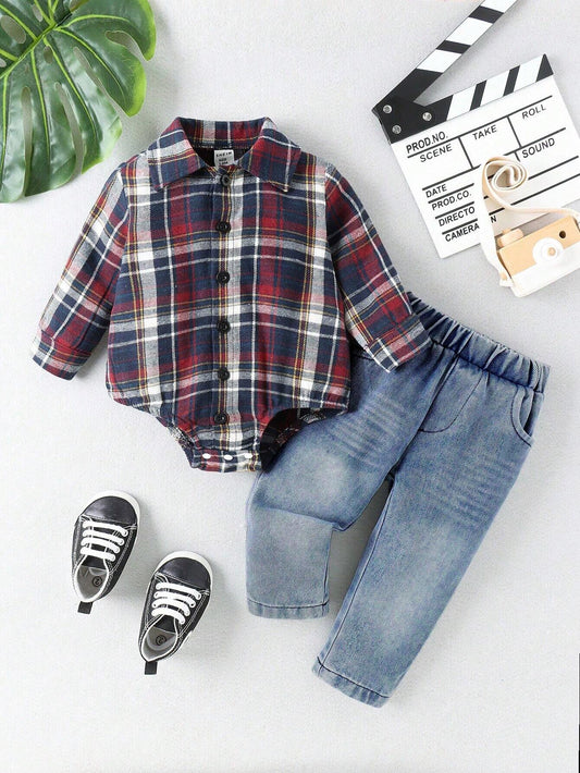 Baby Boys' Plaid Shirt With Denim Bodysuit And Jeans Set