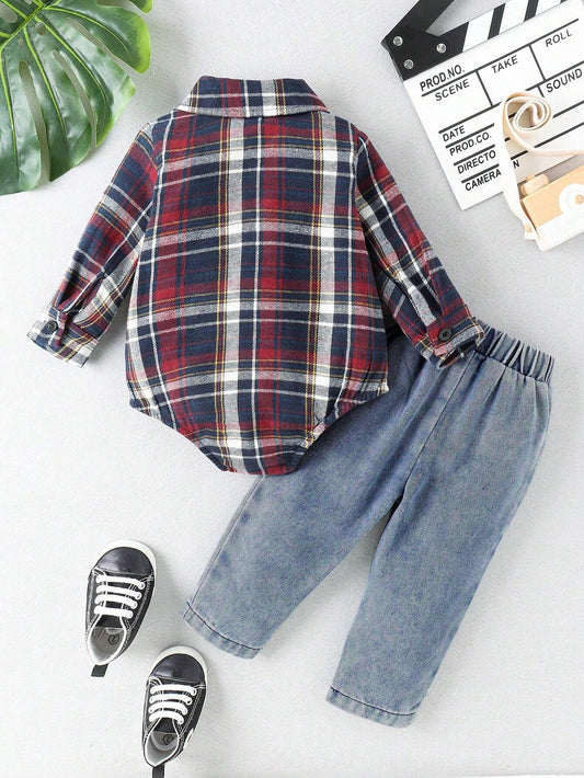 Baby Boys' Plaid Shirt With Denim Bodysuit And Jeans Set