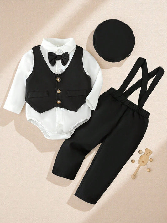 Baby Boy's Gentleman Style Buttoned Shirt With Bowtie, Suspender & Long Pants 12-18M