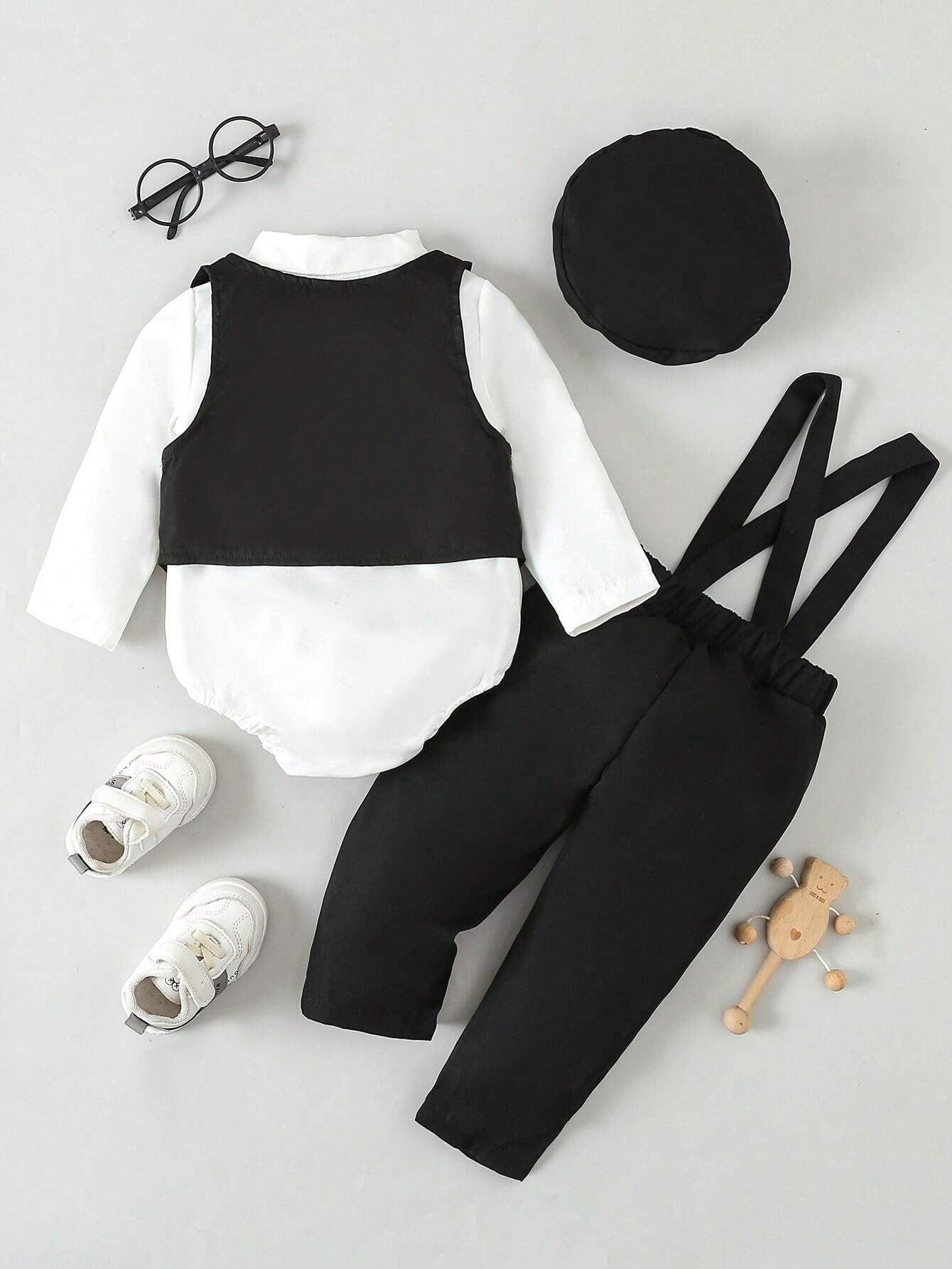 Baby Boy's Gentleman Style Buttoned Shirt With Bowtie, Suspender & Long Pants