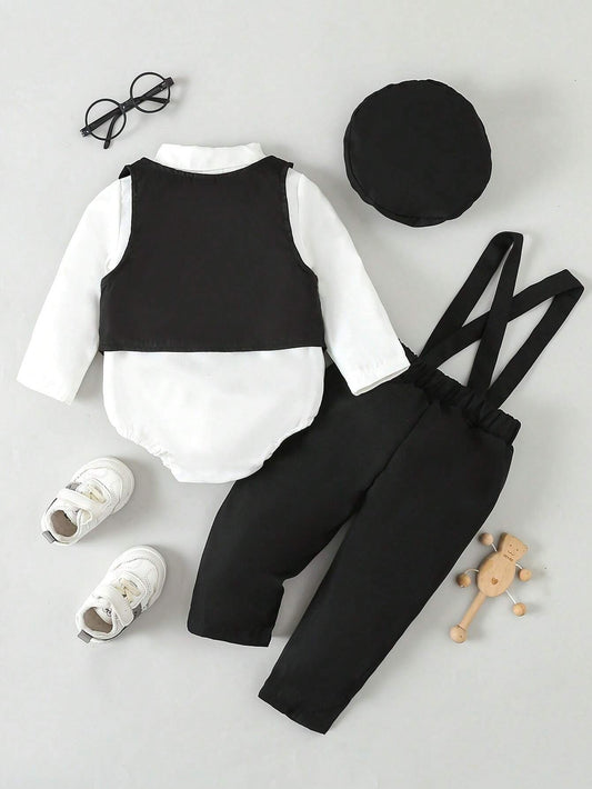 Baby Boy's Gentleman Style Buttoned Shirt With Bowtie, Suspender & Long Pants