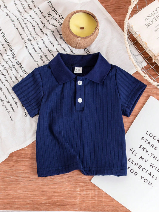 Baby Navy Ribbed Polo Neck T-Shirt 6-9M