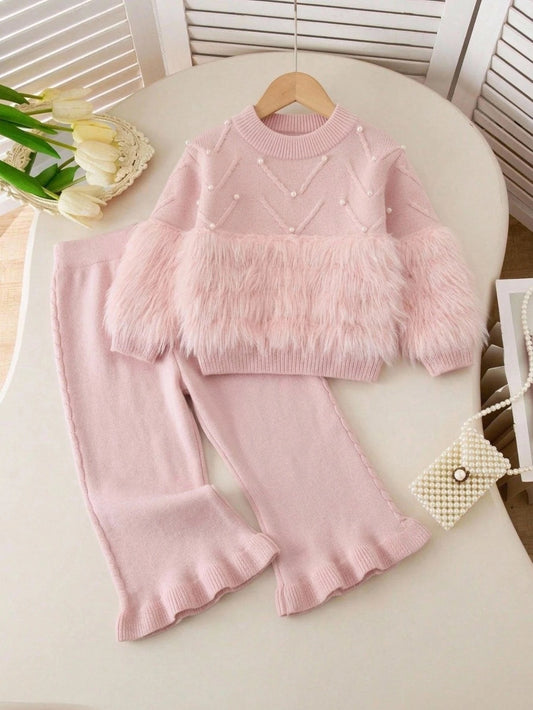 Fuzzy Patchwork Beaded Decor Sweater & Flared Knit Pants Set