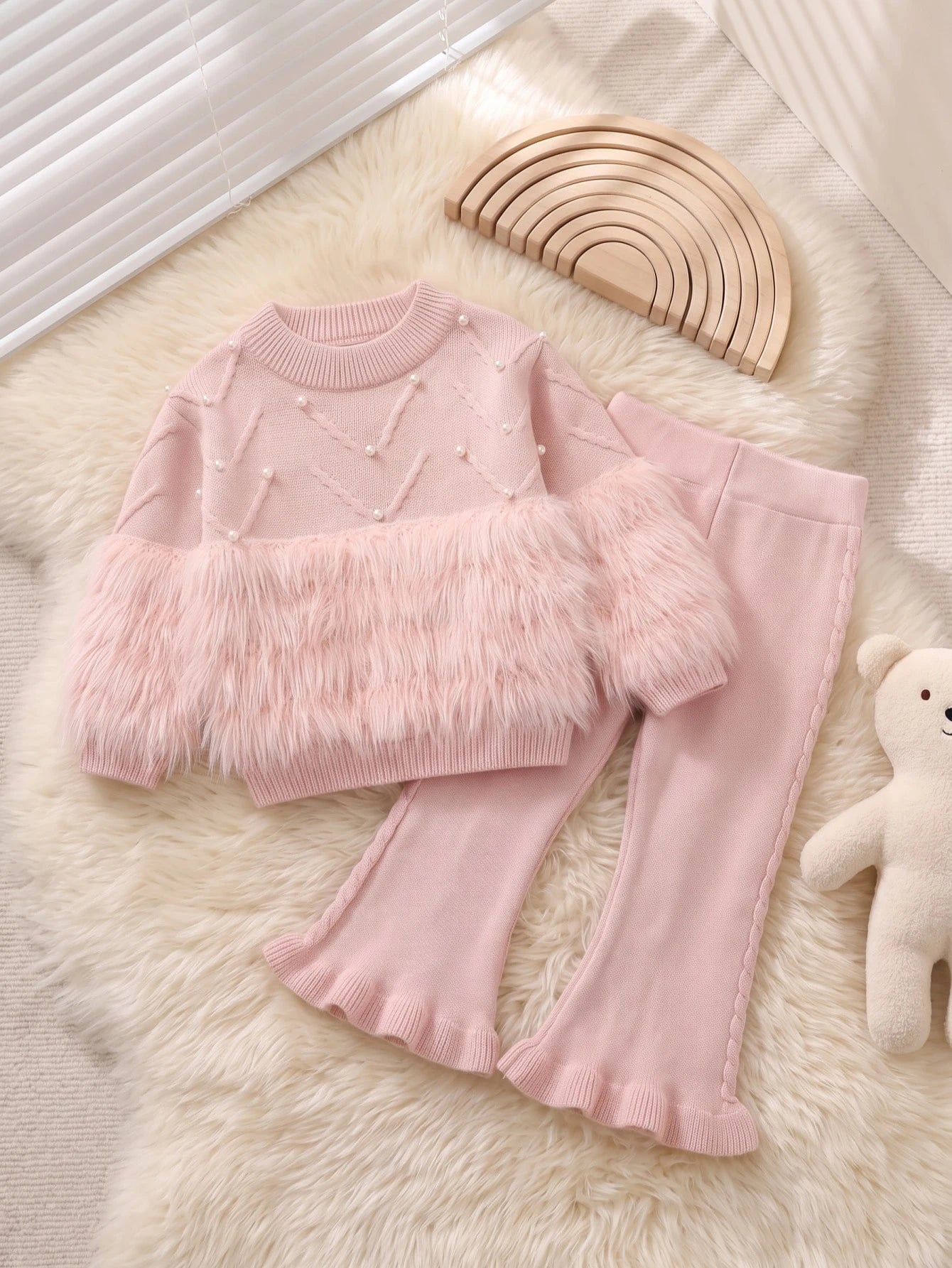 Fuzzy Patchwork Beaded Decor Sweater & Flared Knit Pants Set
