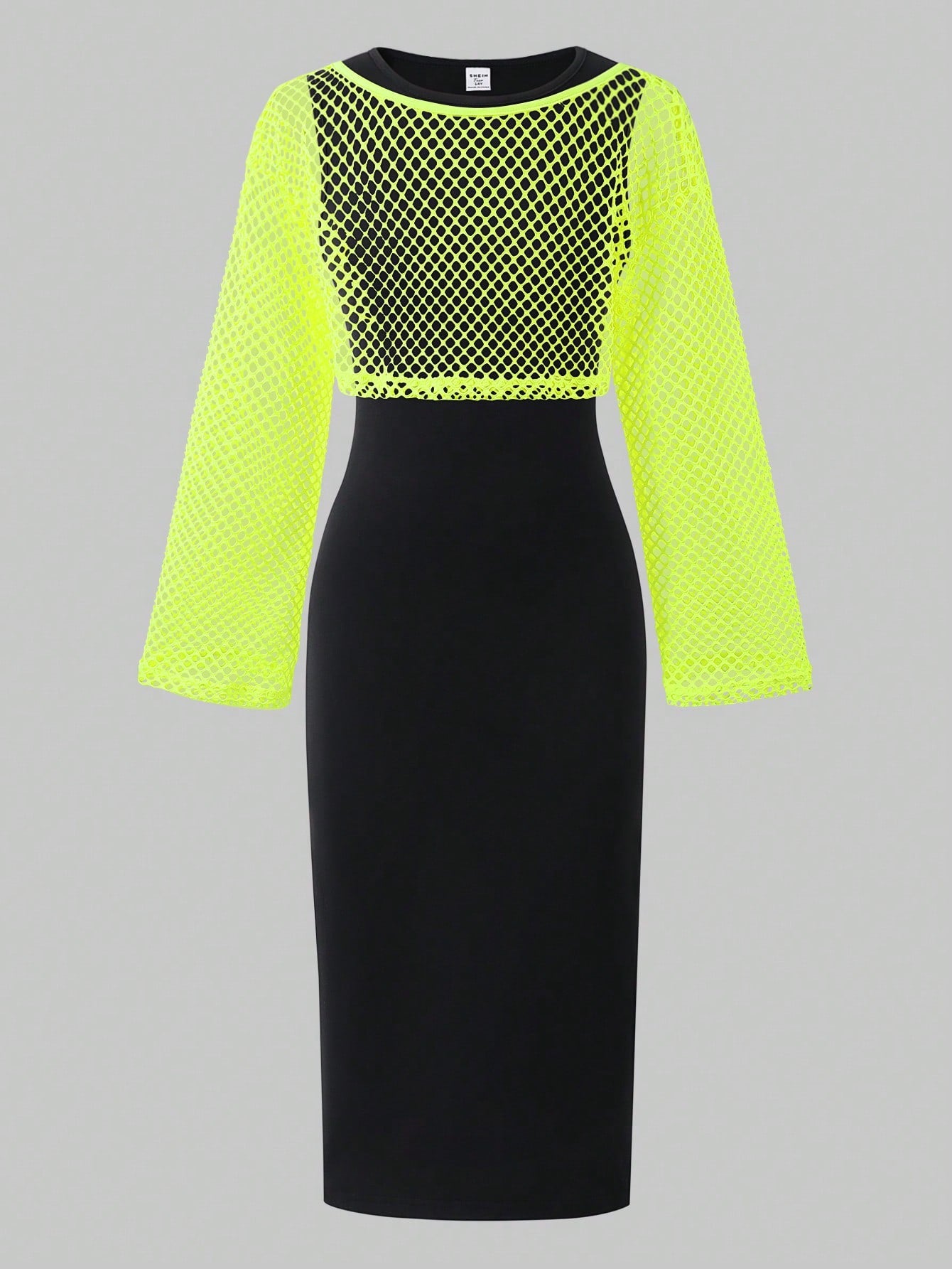 Teenage Girls Casual Elegant Black & White Knitted Midi Dress + Loose Mesh Cover Up Set Yellow
