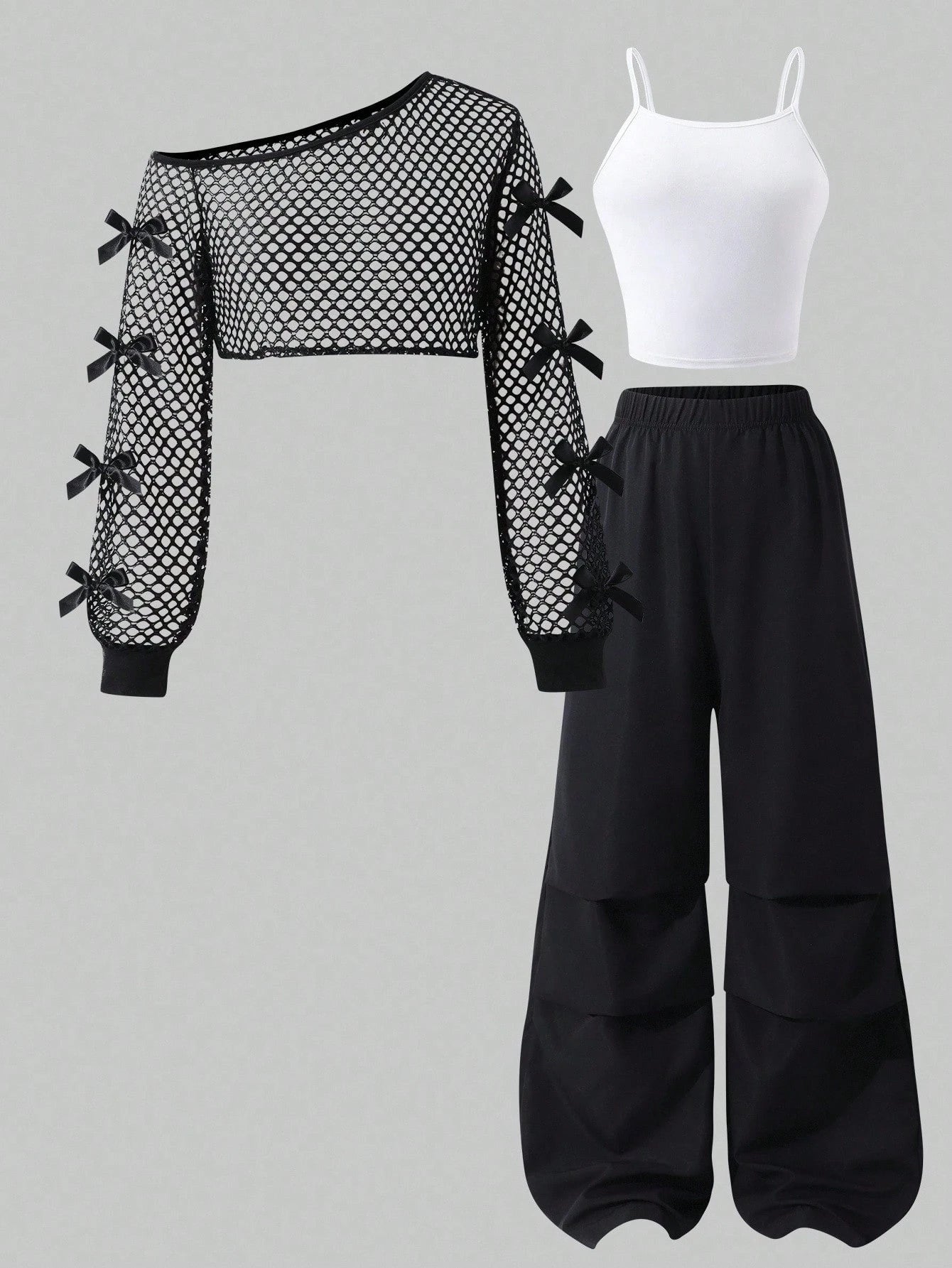 Teen Girls' Bow Decor Hollow Long Sleeve Cropped Top, Solid Color Cami And Wide Leg Pants