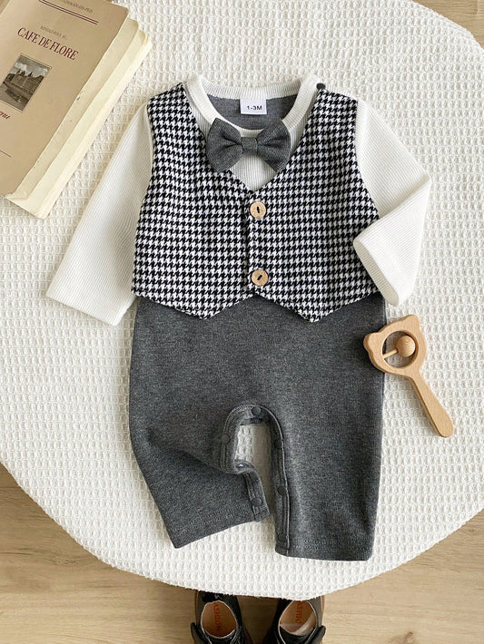 Baby Boy Formal Jumpsuit, Infant 2 In 1 Houndstooth Vest