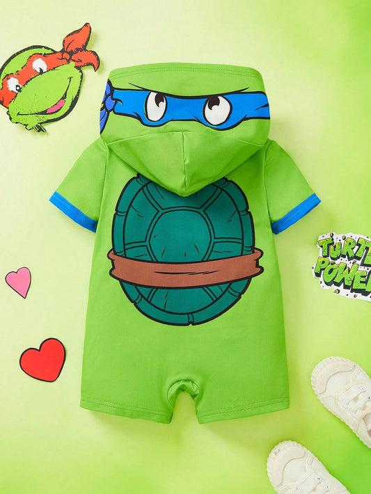 Baby Boy Casual Cartoon Turtle Design Printed Hooded Romper