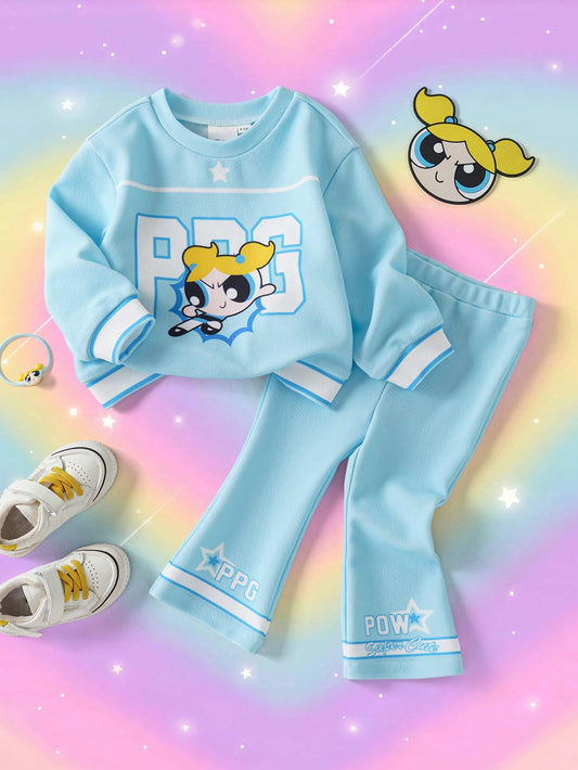 Baby Girl Cute Cartoon Print Long Sleeve Sweatshirt And Flared Pants Set