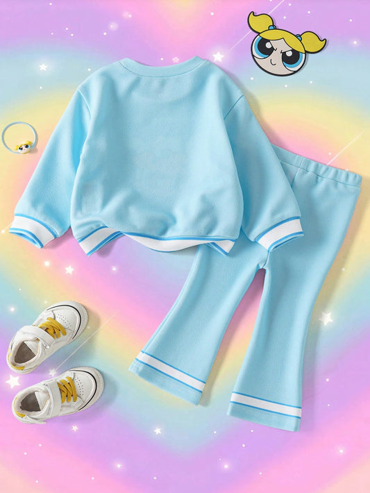 Baby Girl Cute Cartoon Print Long Sleeve Sweatshirt And Flared Pants Set