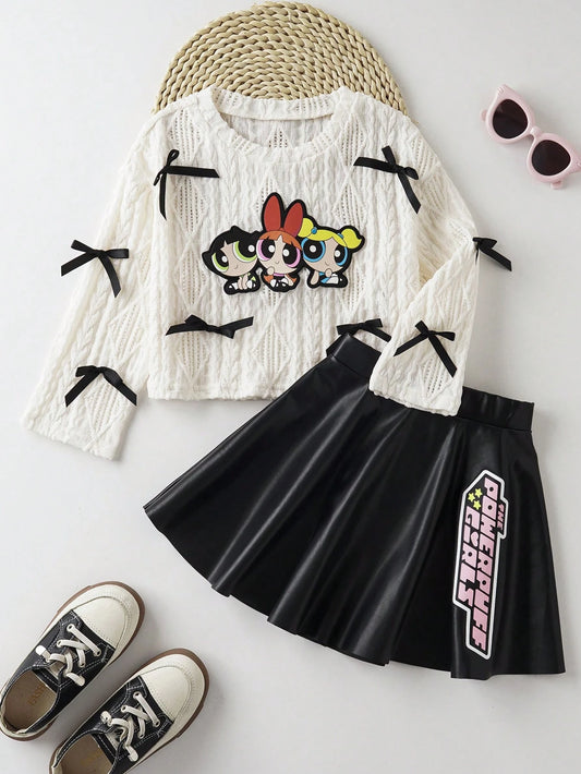 Young Girl Textured Bow Decor Top And Skirt Set