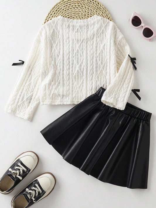 Young Girl Textured Bow Decor Top And Skirt Set