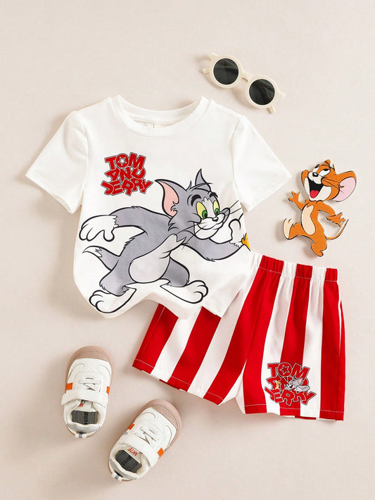 2pcs Baby Boy Summer Cute Cartoon Cat Print Round Neck Short Sleeve T-Shirt And Shorts Set