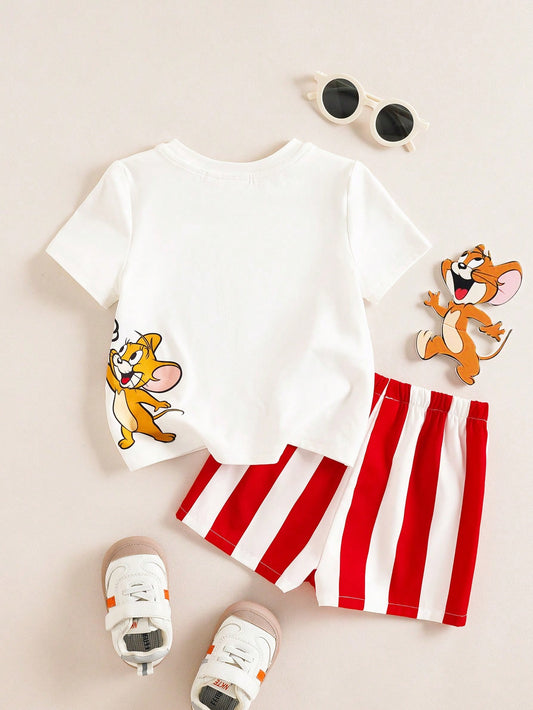 2pcs Baby Boy Summer Cute Cartoon Cat Print Round Neck Short Sleeve T-Shirt And Shorts Set