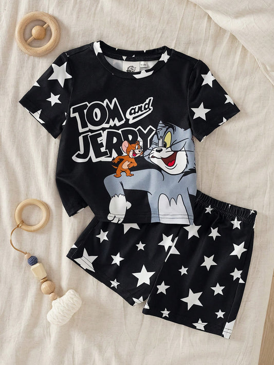 2pcs/Set Baby Girl Cartoon & Star Print Casual Style Round Neck Short Sleeve Top And Shorts Pajamas